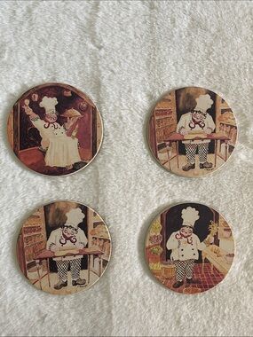 Set of 4 French  Chef Coasters - Brown, Cream & Black  NWOT